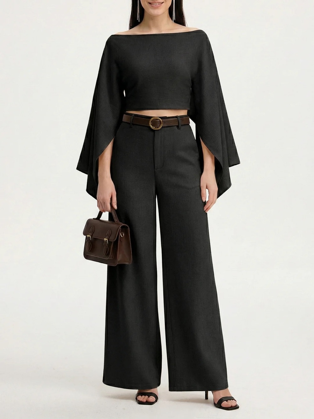 163 Dramatic Sleeve Linen-Blend Cropped Top